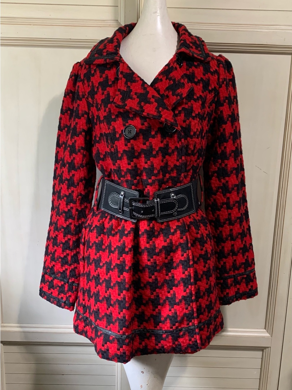 Candie's Red and Black Houndstooth Belted Pea Coat Y2K